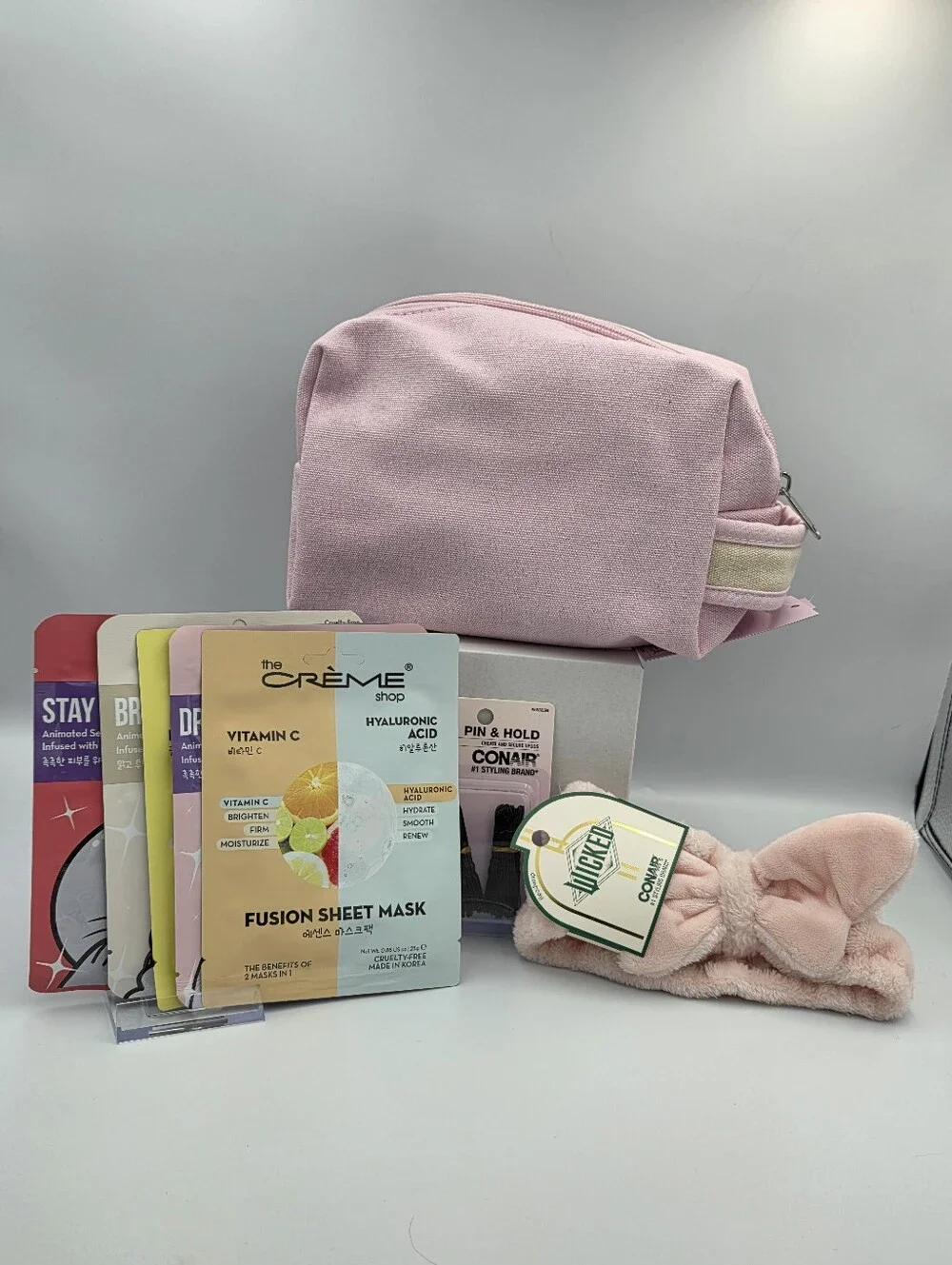 Pink Travel Cosmetic Bag with 5 Sheet Masks, Plush Headband & Bobby Pin